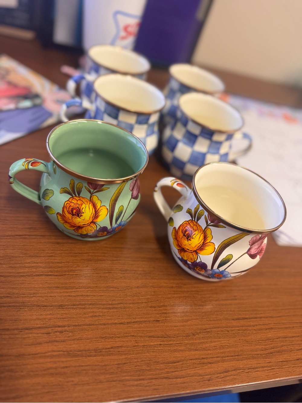 MacKenzie-Childs Floral Ceramic Mugs in blue and white checkered and floral prin